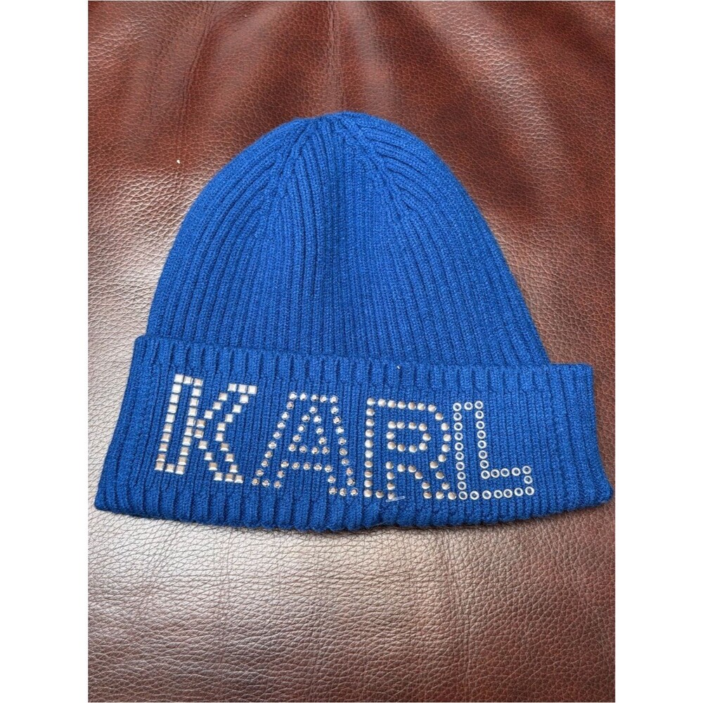 Karl Lagerfeld Blue Ribbed Kids Beanie with Studded KARL Logo